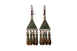 Bohemian Gypsy Earrings, Triangle Hang Earrings, Verdigris Patina - £11.36 GBP