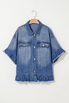 Peacock Blue Ruffled Frayed Short Sleeve Plus Size Denim Jacket - $55.71