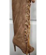 Qupid Boot New Women Suede Lace Up Peep Toe Thigh High Size 7 Color Beige - £49.19 GBP