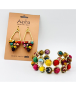 Aasha by Anju Recycled Multicolor Brass Frame Cuff Bracelet And Dangle E... - $51.55 CAD