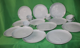 24 Piece Blue Gray Wood Song Harkerware Dinner Snack Plates Cups Maple Leaf Set - £59.34 GBP