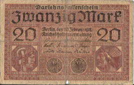 1918 GERMANY CIRCULATED 20 MARK BANKNOTE # 22 - $3.46
