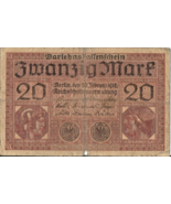 1918 GERMANY CIRCULATED 20 MARK BANKNOTE # 22 - $3.46