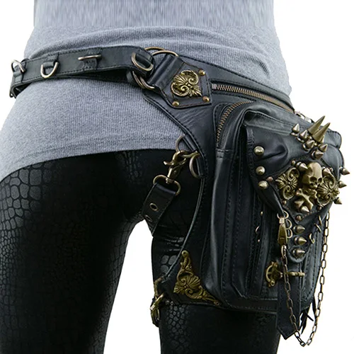 Gothic Men Skull Messenger Shoulder Bags Leather Waist Leg Drop Bag Punk Rock Mo - $159.63