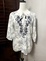 Malvin Womens Blouse Off White Blue Floral 3/4 Sleeve Tie Neck Linen S - $14.00