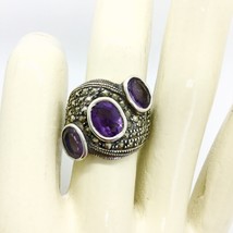 Vintage 6ct Amethyst 3 Stone Judith Jack Marcasite 925 Sterling Silver Ring - £56.28 GBP