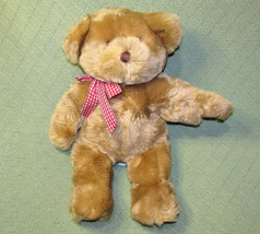 18&quot; Fao Schwarz Teddy Bear Classic Plush Stuffed Tan Furry Red Checked Ribbon - £14.60 GBP