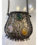 Vintage Small Silvertone Sajai Metal Purse / Necklace Agate Multicolor S... - $64.19