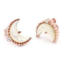 Crescent Half Moon White Mother of Pearl Shell CZ Stud Earrings Sterling Silver - £93.49 GBP