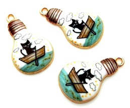 10 Enamel Kitty Cat Paddle Boat Bulb Shaped Gold Bead Drop 28mm Charms Pendants - £3.94 GBP