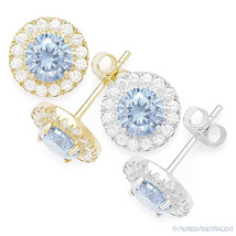 Round Simulated Aquamarine Cubic Zirconia Halo 925 Sterling Silver Stud Earrings - £20.90 GBP+