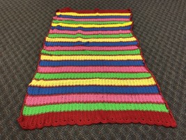Vintage Crochet Afghan Blanket knit stripe mid century throw 50s colorful red - £7.85 GBP