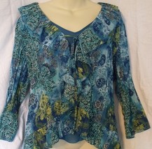 Notations Women Sheer Blue 3/4 Sleeve Pleated V-Neck Blouse Size XL - $25.95