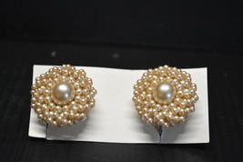 Vintage Beige Tan Champagne Faux Pearl Round Stud Screw Back Clip On Earrings - £22.45 GBP