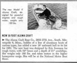 1951 Magazine Photo Aluma Craft 16&#39; Model K Aluminum Boats Minneapolis,MN - £6.95 GBP