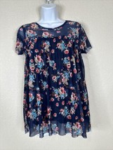 Notations Womens Size M Blue Floral Mesh Lined Stretch Top Short Sleeve - £8.10 GBP