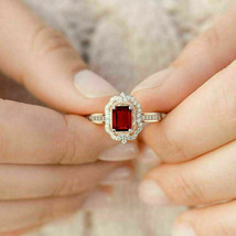 4.Ct Emerald Cut Garnet Halo Ladies Engagement Ring 14k Rose Gold Finish Silver - £91.77 GBP