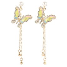 Korean Retro Cute Fashion Crystal Butterfly Imitation Pearl Tassel Earrings Stud - £6.70 GBP