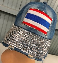 Thailand Flag Denim Distressed Rhinestone Bling Brim Strapback Baseball Hat Cap - £26.96 GBP
