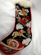 CHRISTMAS Needlepoint Stocking lined Red velvet back &amp; Piping Real fur T... - $23.75