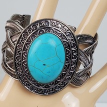 Vintage Tribal STATEMENT Turquoise Style Beaded Metal Bracelet 2&quot; Wide - £28.17 GBP