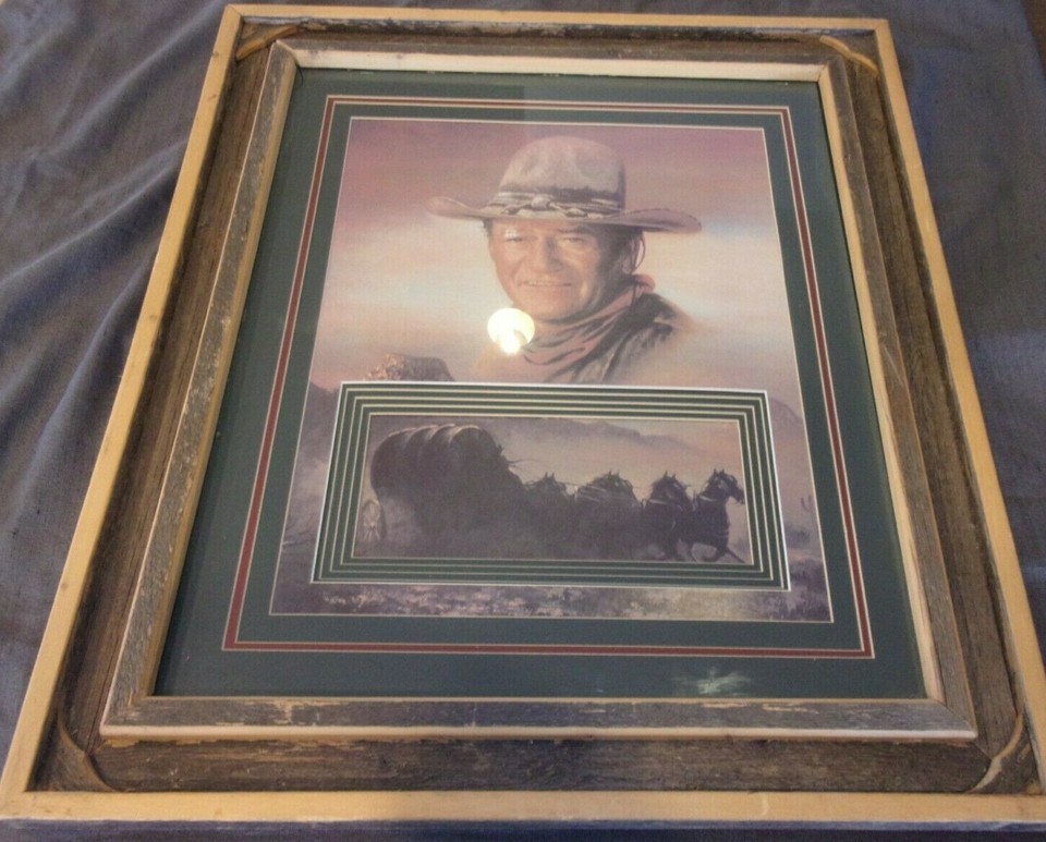 25.5 X 29.5 INCHES JOHN WAYNE HANDMADE FRAME MATTED PRINT ALL WOOD WINCH... - $92.94