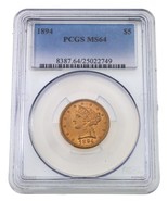 1894 Gold Liberty $5 Half Eagle Graded by PCGS as MS-64 - $2,799.10 CAD