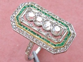 Antique Art Deco 1.25ctw Mine Rose Diamond Emerald Cocktail Ring 1920 French sz9 - £4,589.11 GBP