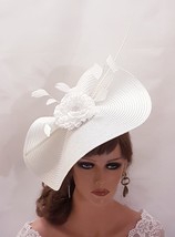 WHITE fascinator large saucer hatinator long Quil Floral Church Derby Ascot Roya - £61.40 GBP