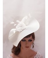 WHITE fascinator large saucer hatinator long Quil Floral Church Derby As... - £60.54 GBP