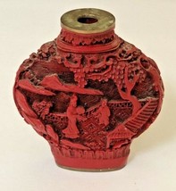 ANTIQUE CHINESE CINNABAR CARVED PERFUME SNUFF BOTTLE SIGNED no STOPPER - $85.46