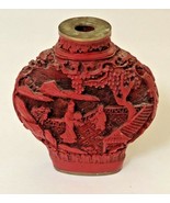 ANTIQUE CHINESE CINNABAR CARVED PERFUME SNUFF BOTTLE SIGNED no STOPPER - £67.20 GBP