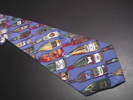 Nicole Miller Neck Tie Diagonal Stripes Wine Bottles 1994 Blue Background Silk - £8.83 GBP