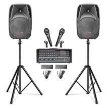 5Core Dual 15&quot; 3200W Speakers +4-CH Package PA System Mixer/Amp+ 2-Stands+ 2-Mic - £395.03 GBP
