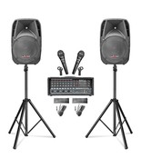 5Core Dual 15&quot; 3200W Speakers +4-CH Package PA System Mixer/Amp+ 2-Stand... - £392.35 GBP