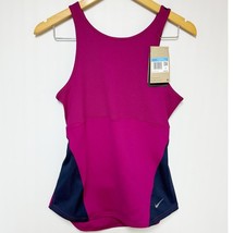 Nike Yoga Womens Ribbed Tank Top Dri-Fit Pink Navy Slim Fit Open Back Medium - £12.46 GBP