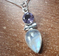 Faceted Amethyst and Moonstone 2-Gem 925 Sterling Silver Pendant r618k - £11.50 GBP