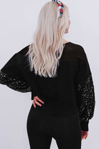 Black Sequin Patchwork Lantern Sleeve Blouse - £20.74 GBP