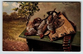 Hunting Season Postcard Muller Wildlife Rustic Bullet Belt Birds Germany Unused - $12.59