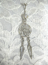Usa Pewter Spirit Dreamcatcher 2 Dangling Feathers Dbl Clear Belly Button Ring - £8.03 GBP