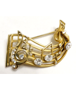 Vintage Musical Gold Tone Treble Clef Staff Rhinestone Brooch Pin 2&quot; Long - £13.88 GBP