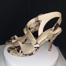 Nine West Tan Black Snakeskin Sandals Stiletto Heels Wide Strap Shoes Size 8M - £14.41 GBP