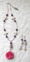 Necklace &amp; Earring Set with Rose, Skull and Angel Wing, Purple, White Howlite - £32.12 GBP