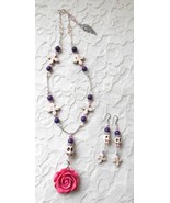 Necklace &amp; Earring Set with Rose, Skull and Angel Wing, Purple, White Ho... - £31.38 GBP