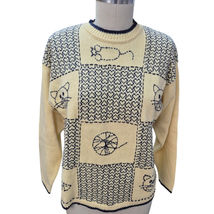 Vtg Cat Lady sweater Christopher &amp; Banks Cotton Yellow Navy Blue Heart/C... - $29.95