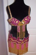 Belly Dancing Vintage Outfit Gold Pink & Purple With Sequin & Bead Embellishment - £114.47 GBP