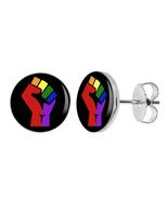 RAISED RAINBOW FIST EARRINGS 10mm Stainless Steel Stud Resist Resistance... - $6.95