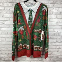 Faux Real Mens Ugly Christmas Sweater Long Sleeve T-Shirt Cardigan Tie L... - $25.29
