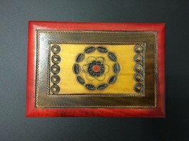 Hand Carved Rosette Polish Wood Jewelry Trinket Box Folk Art Brass Coppe... - $29.95