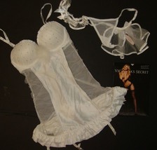 Victoria&#39;s Secret 34B BUSTIER CORSET dress S veil thong+garter WHITE BRI... - $138.59